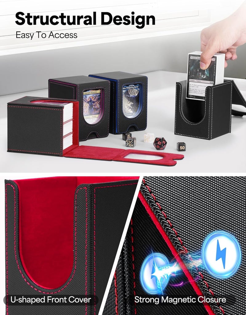 banloga Card Deck Box for MTG Commander, Card Case Holds 100+ Double-Sleeved Cards, Magic Card Box Fits for TCG/PTCG/CCG Card with 2 Dividers (Black&Red) - Image 4